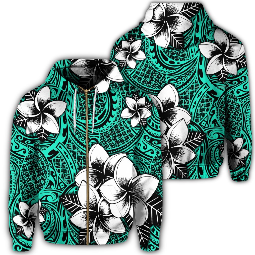 Hawaiian Plumeria Tribe Turquoise Polynesian Zip Hoodie Unisex Art - Polynesian Pride