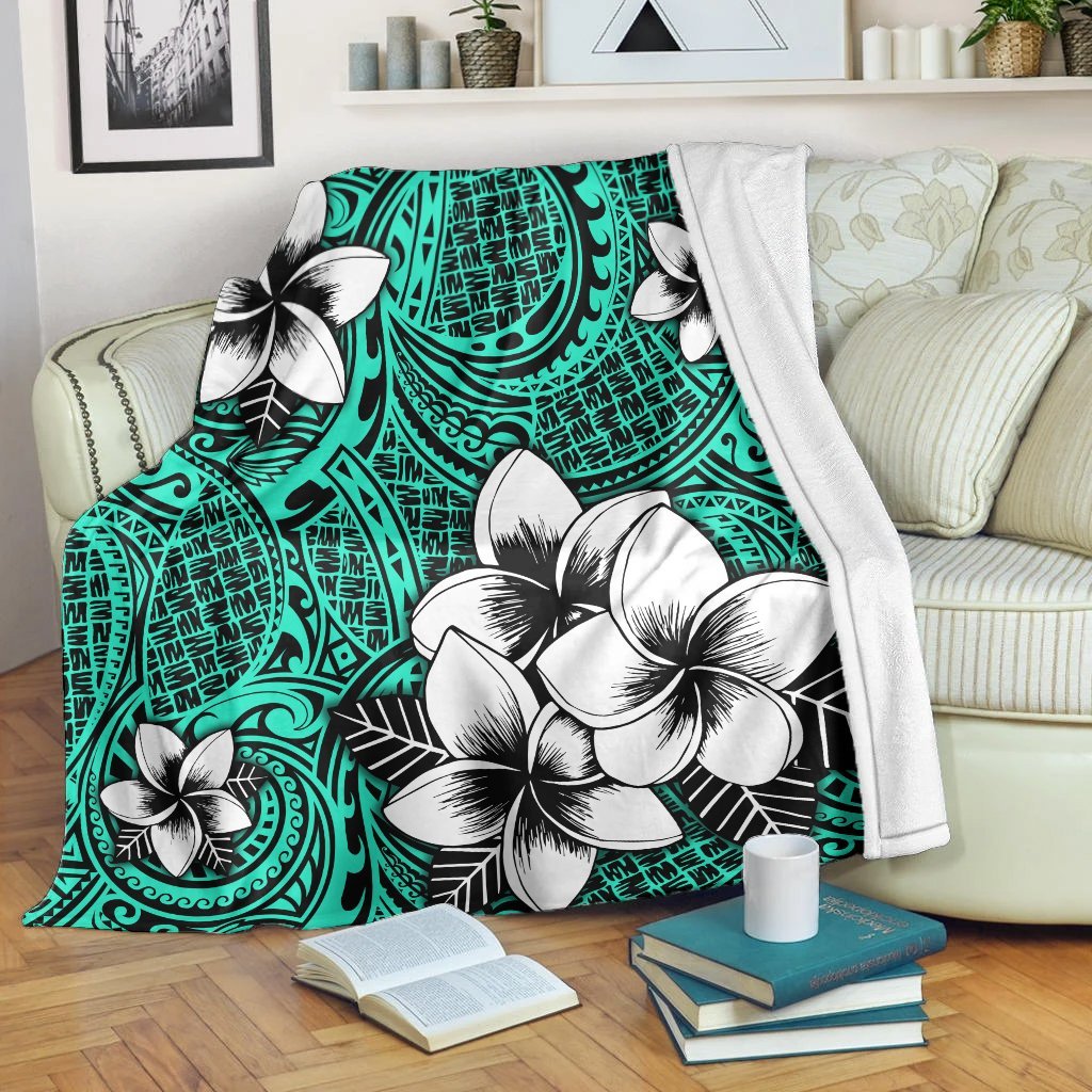 Hawaiian Plumeria Tribe Turquoise Polynesian Premium Blankets AH White - Polynesian Pride