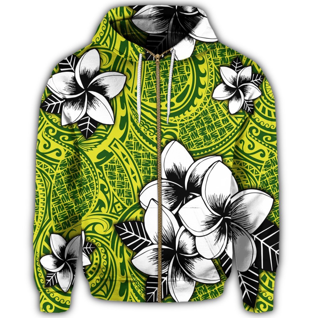 Hawaiian Plumeria Tribe Yellow Green Polynesian Zip Hoodie - Polynesian Pride