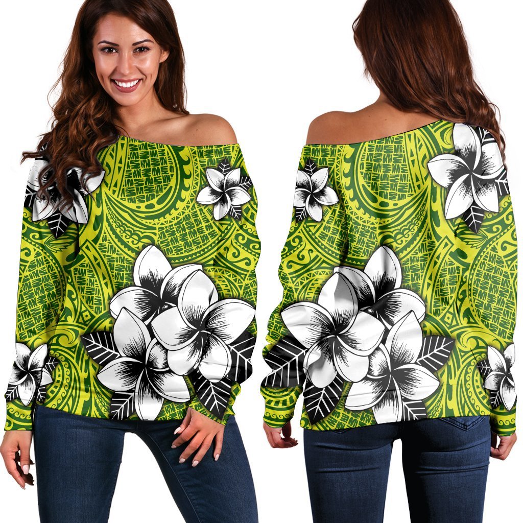 Hawaiian Plumeria Tribe Yellow Green Polynesian Women's Off Shoulder Sweater AH Black - Polynesian Pride