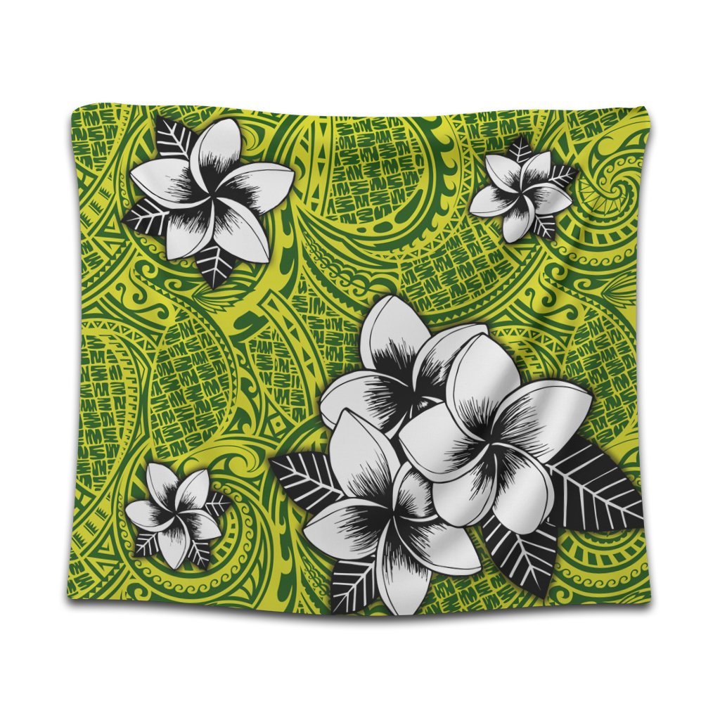 Hawaiian Plumeria Tribe Yellow Green Polynesian Tapestry AH Wall Tapestry Black - Polynesian Pride