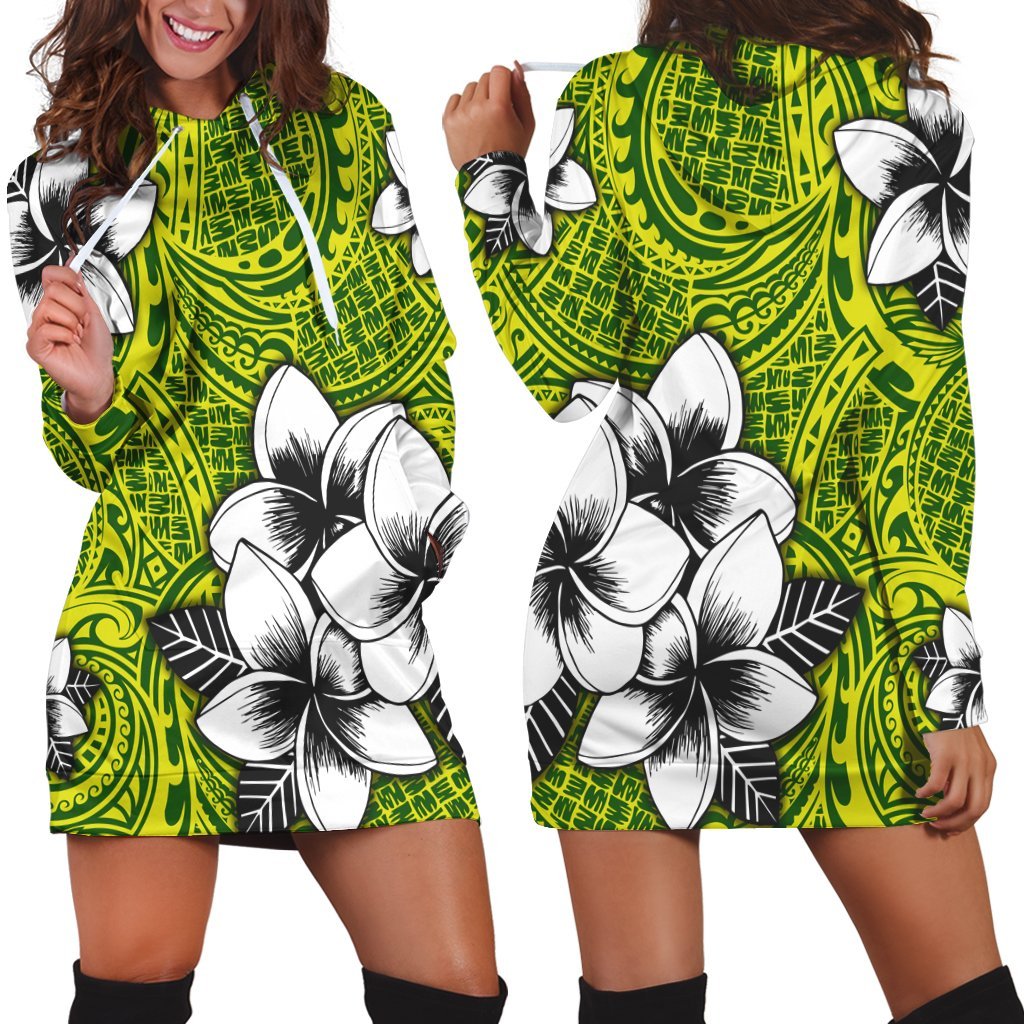 Hawaiian Plumeria Tribe Yellow Green Polynesian Hoodie Dress AH Black - Polynesian Pride