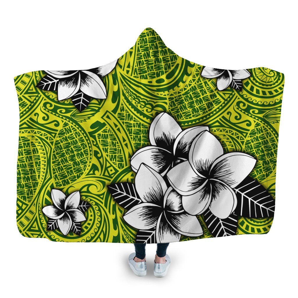 Hawaiian Plumeria Tribe Yellow Green Polynesian Hooded Blanket AH Hooded Blanket White - Polynesian Pride