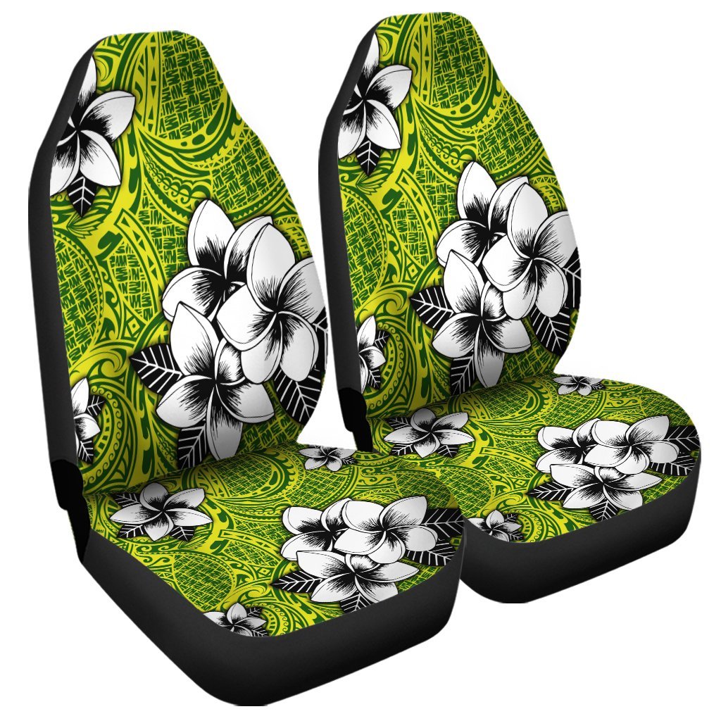 Hawaiian Plumeria Tribe Yellow Green Polynesian Car Seat Covers AH Universal Fit Black - Polynesian Pride