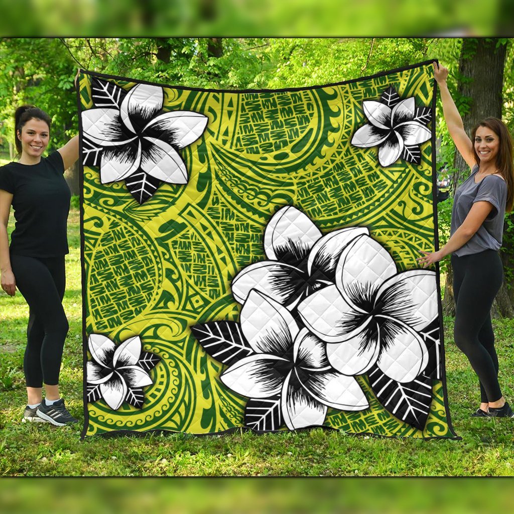 Hawaiian Plumeria Tribe Yellow Green Polynesian Premium Quilts AH Black - Polynesian Pride