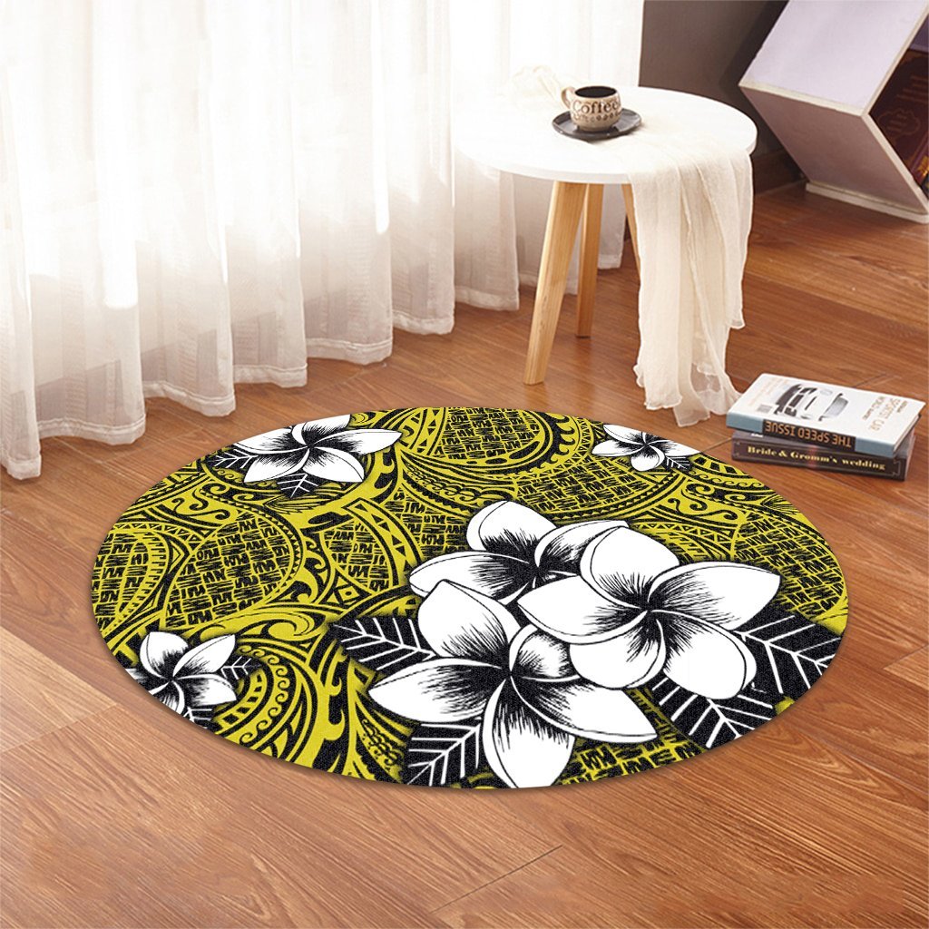 Hawaiian Plumeria Tribe Yellow Polynesian Round Carpet AH - Polynesian Pride