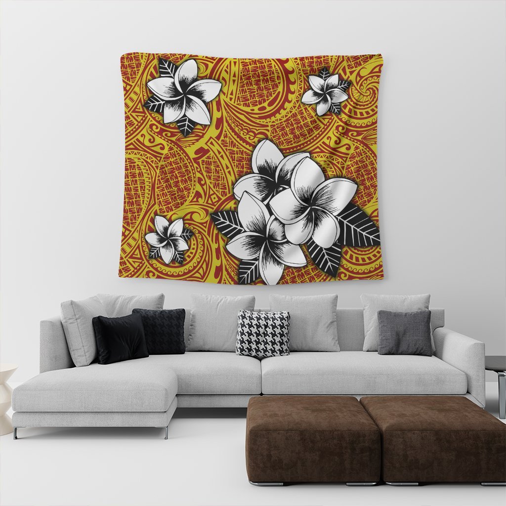 Hawaiian Plumeria Tribe Yellow Red Polynesian Tapestry AH - Polynesian Pride
