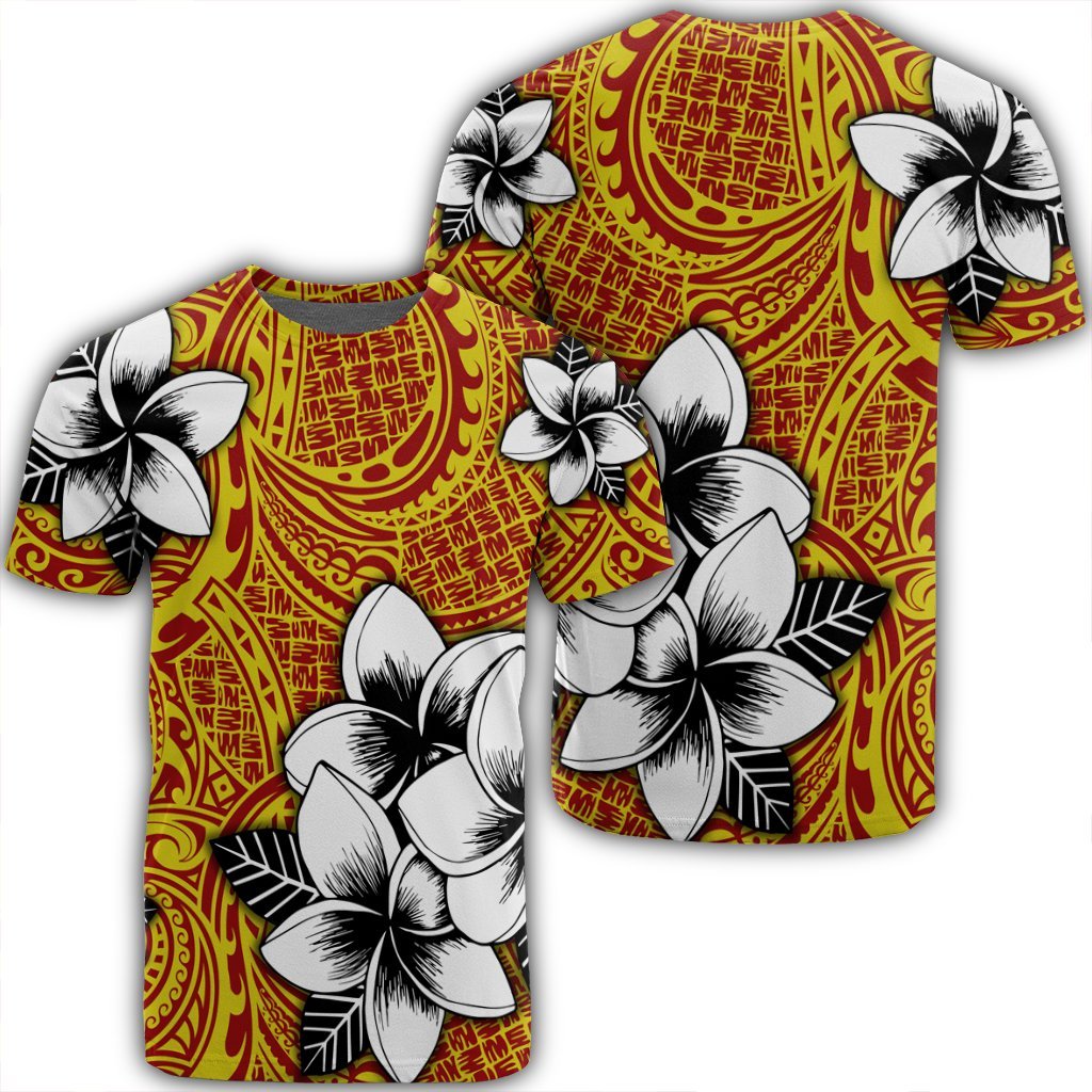 Hawaiian Plumeria Tribe Yellow Red Polynesian T Shirt AH Unisex Black - Polynesian Pride