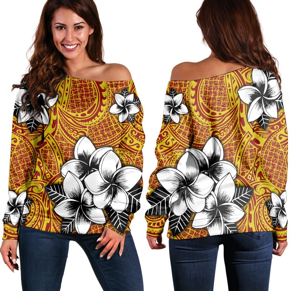 Hawaiian Plumeria Tribe Yellow Red Polynesian Women's Off Shoulder Sweater AH Black - Polynesian Pride