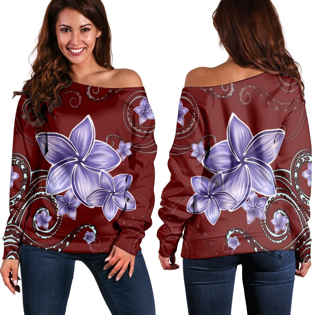 Hawaiian Plumeria Violet Polynesian Red Women's Off Shoulder Sweater - AH Black - Polynesian Pride