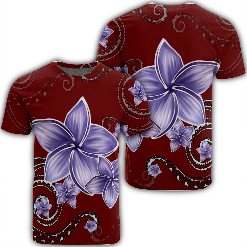 Hawaiian Plumeria Violet Polynesian Red T Shirt AH Unisex Black - Polynesian Pride