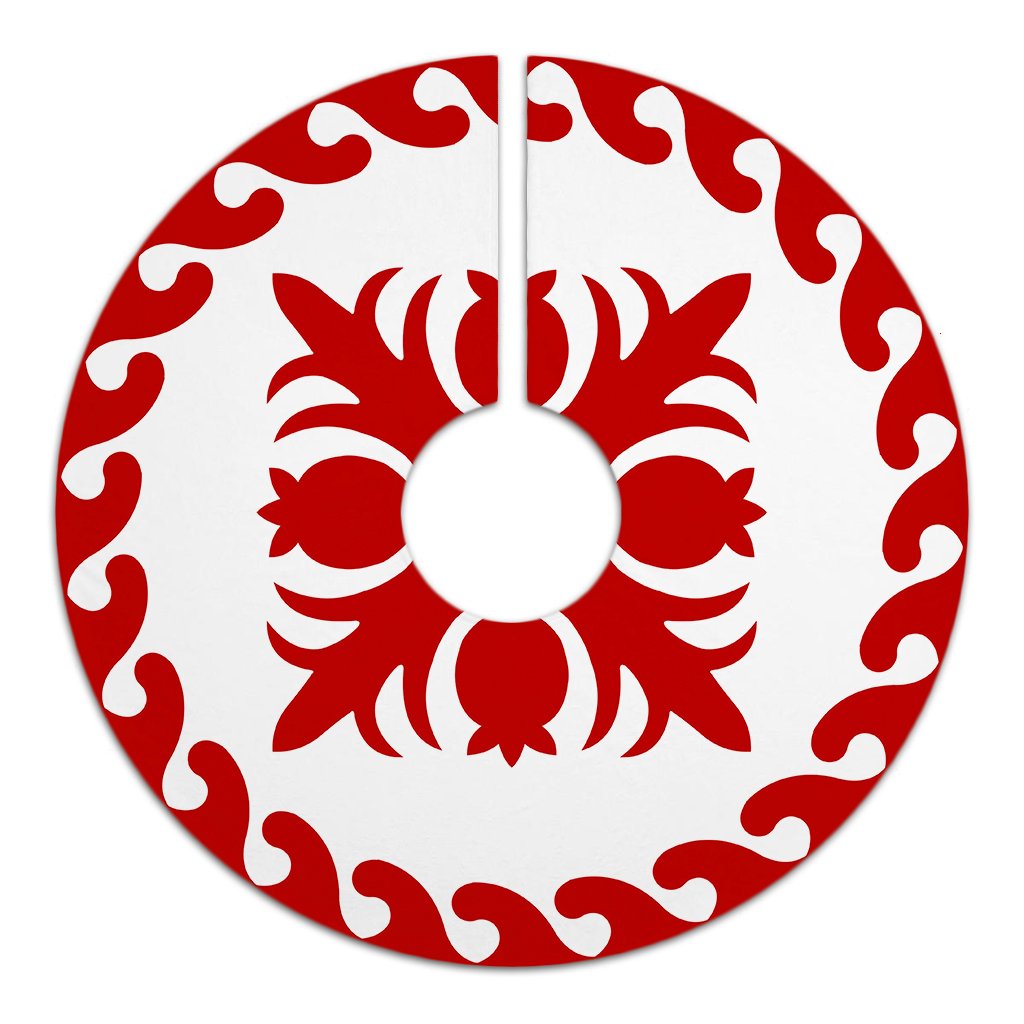 Hawaiian Quilt Pattern Flower And Plants Tree Skirt - Red White - AH - Polynesian Pride