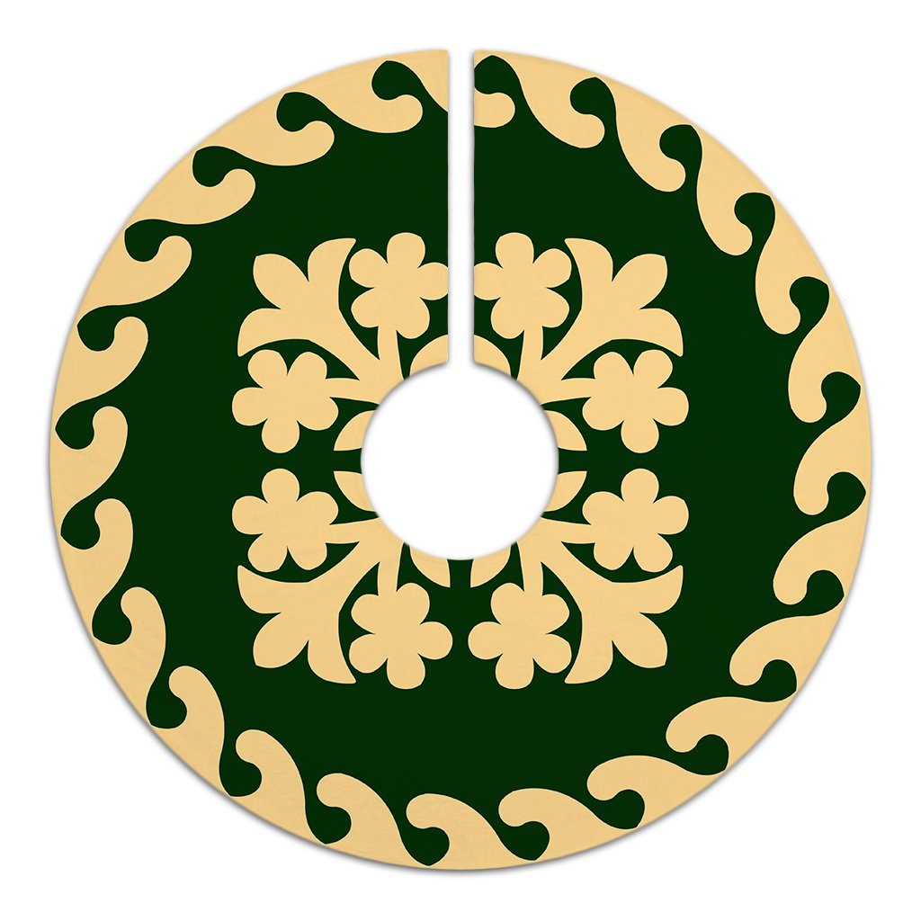 Hawaiian Quilt Pattern Flower Guide Tree Skirt - Green Beige - AH - Polynesian Pride