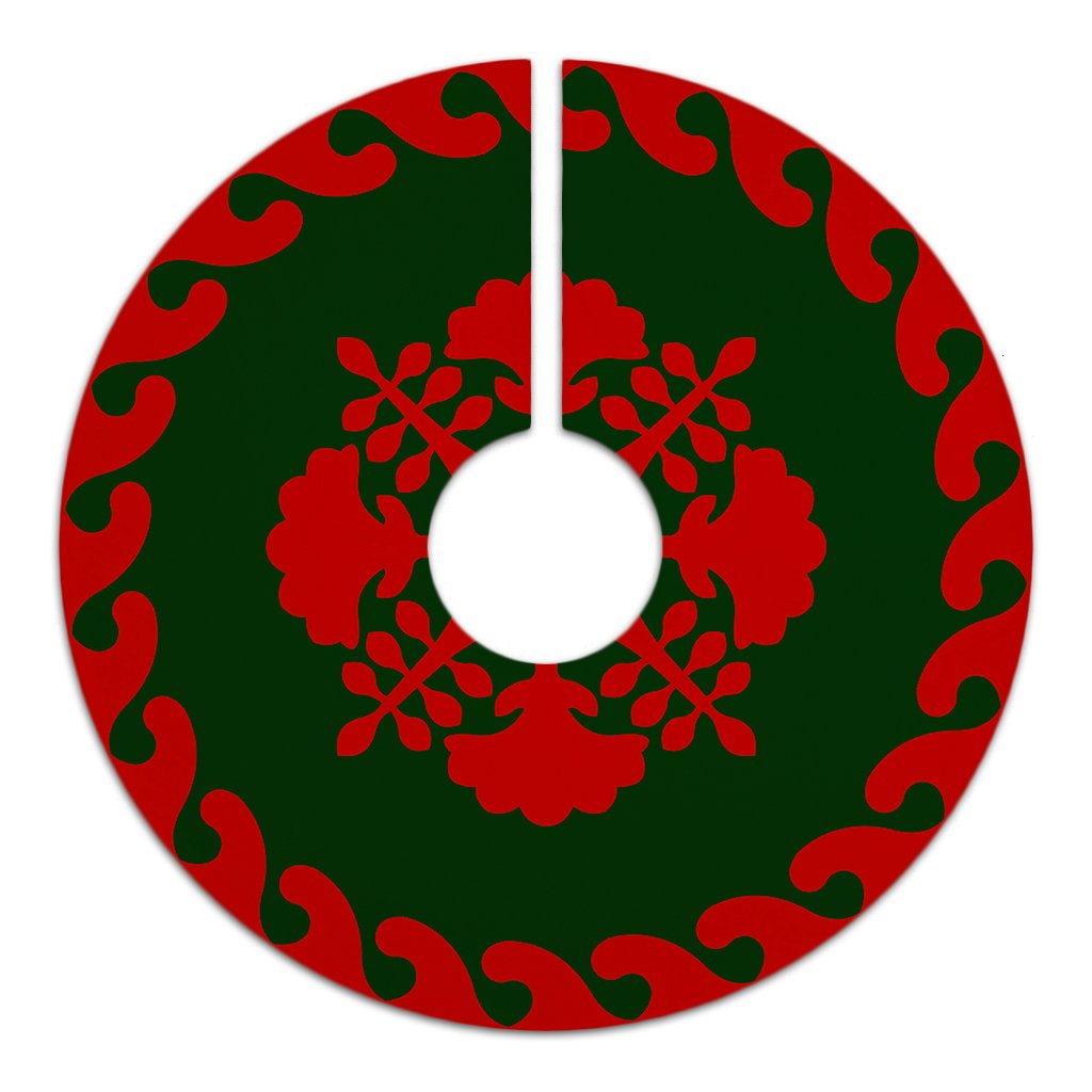 Hawaiian Quilt Pattern Hibiscus Palm Tree Tree Skirt - Red Green - AH - Polynesian Pride