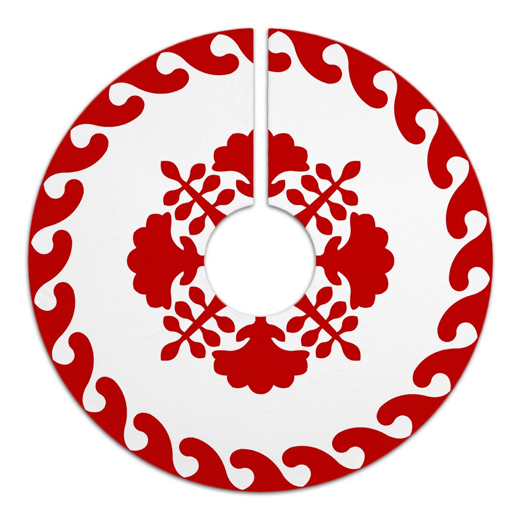 Hawaiian Quilt Pattern Hibiscus Palm Tree Tree Skirt - Red White - AH - Polynesian Pride