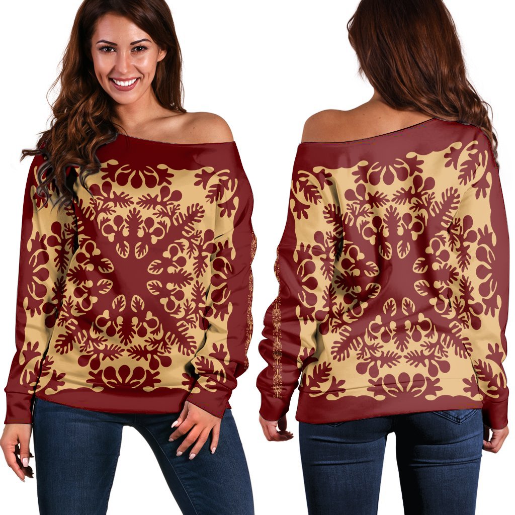 Hawaiian Quilt Vintage Women's Off Shoulder Sweater - AH Black - Polynesian Pride