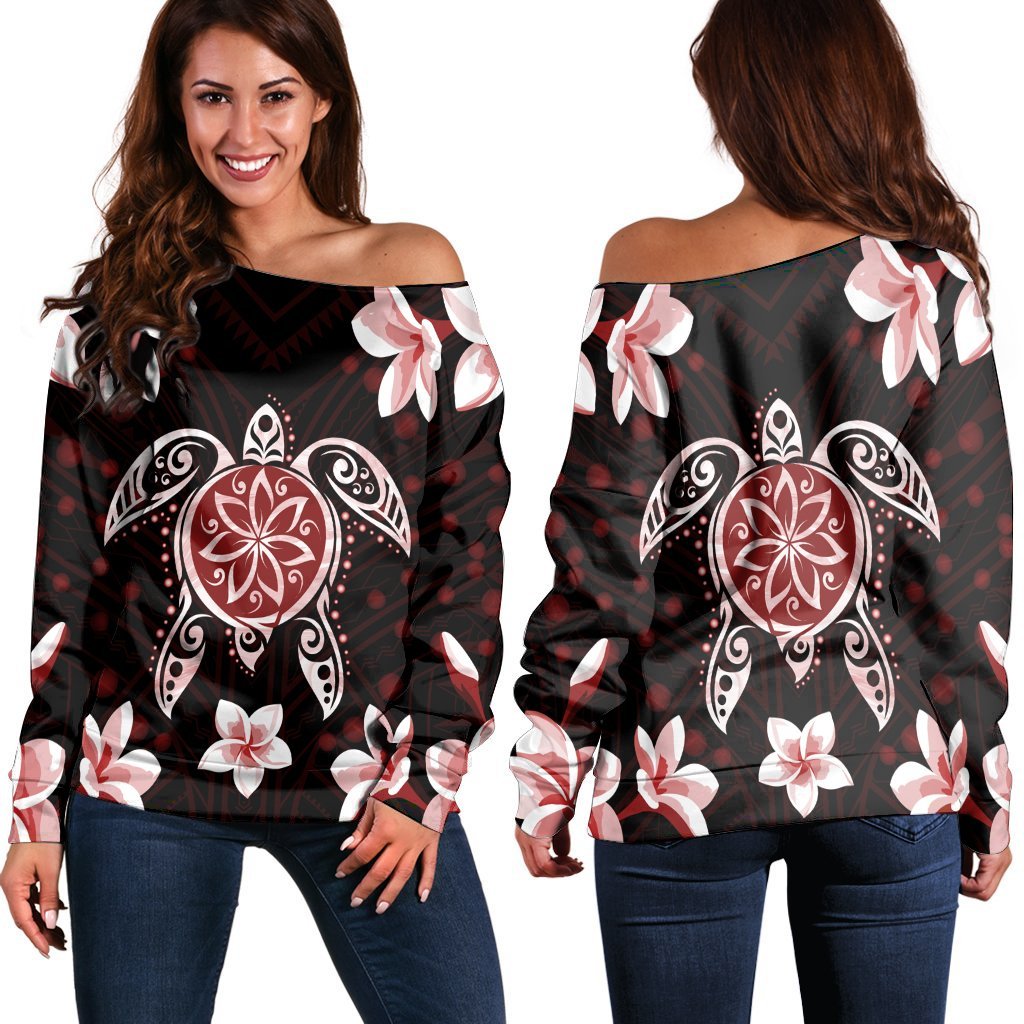 Hawaiian Reddie Turtle Plumeria Women's Off Shoulder Sweater AH Black - Polynesian Pride