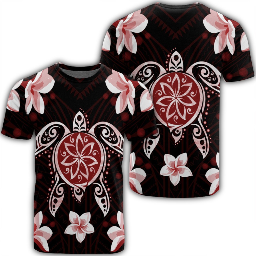 Hawaiian Reddie Turtle Plumeria T Shirt AH Unisex Black - Polynesian Pride