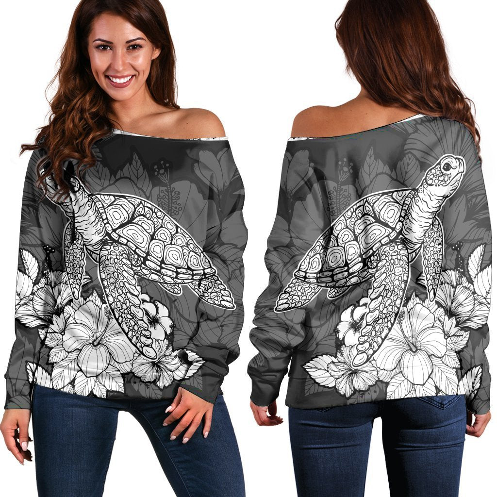 Hawaiian Sample Turtle Plumeria Women's Off Shoulder Sweater - AH Black - Polynesian Pride