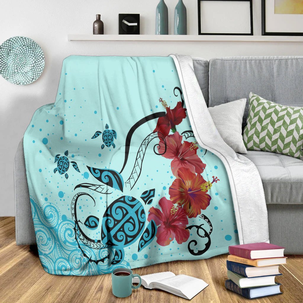Hawaiian Sea Turtle Hibiscus Brilliant Polynesian Premium Blankets - AH - Polynesian Pride