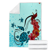 Hawaiian Sea Turtle Hibiscus Brilliant Polynesian Premium Blankets - AH - Polynesian Pride