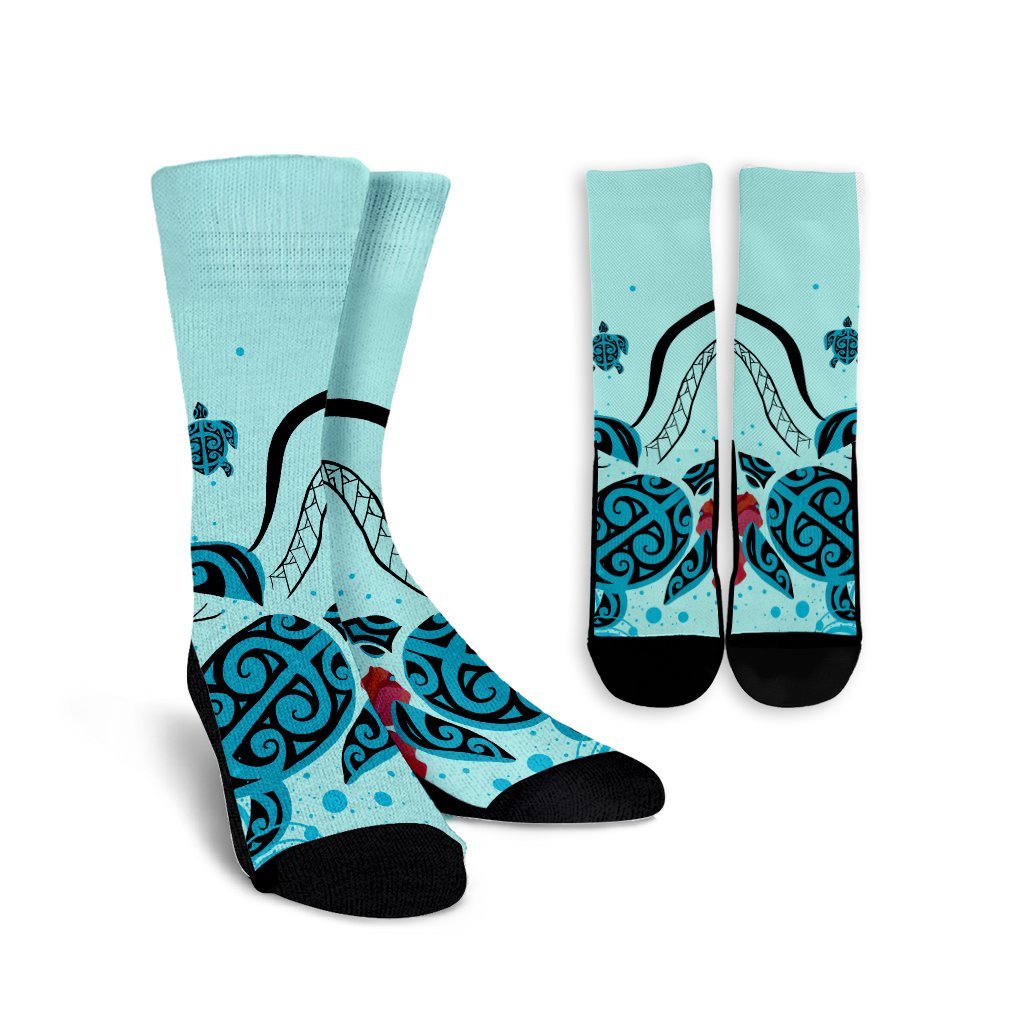 Hawaiian Sea Turtle Hibiscus Brilliant Polynesian Crew Socks - AH Crew Socks White - Polynesian Pride