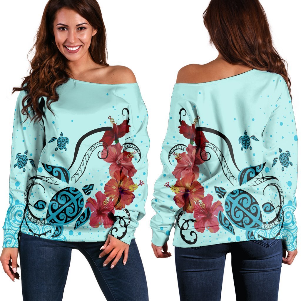 Hawaiian Sea Turtle Hibiscus Brilliant Polynesian Women's Off Shoulder Sweater - AH Black - Polynesian Pride