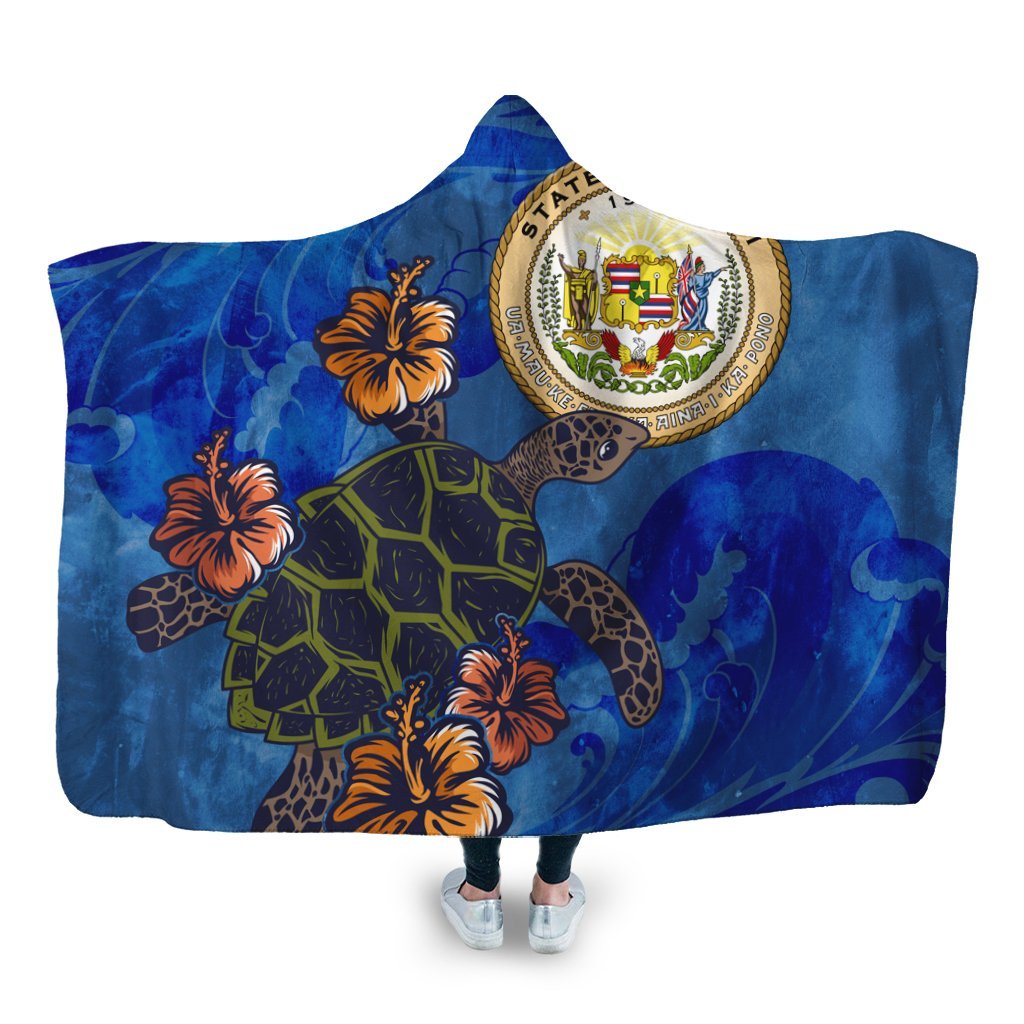 Hawaiian Seal Of Hawaii Hibiscus Ocean Turtle Polynesian Hooded Blanket - AH Hooded Blanket White - Polynesian Pride