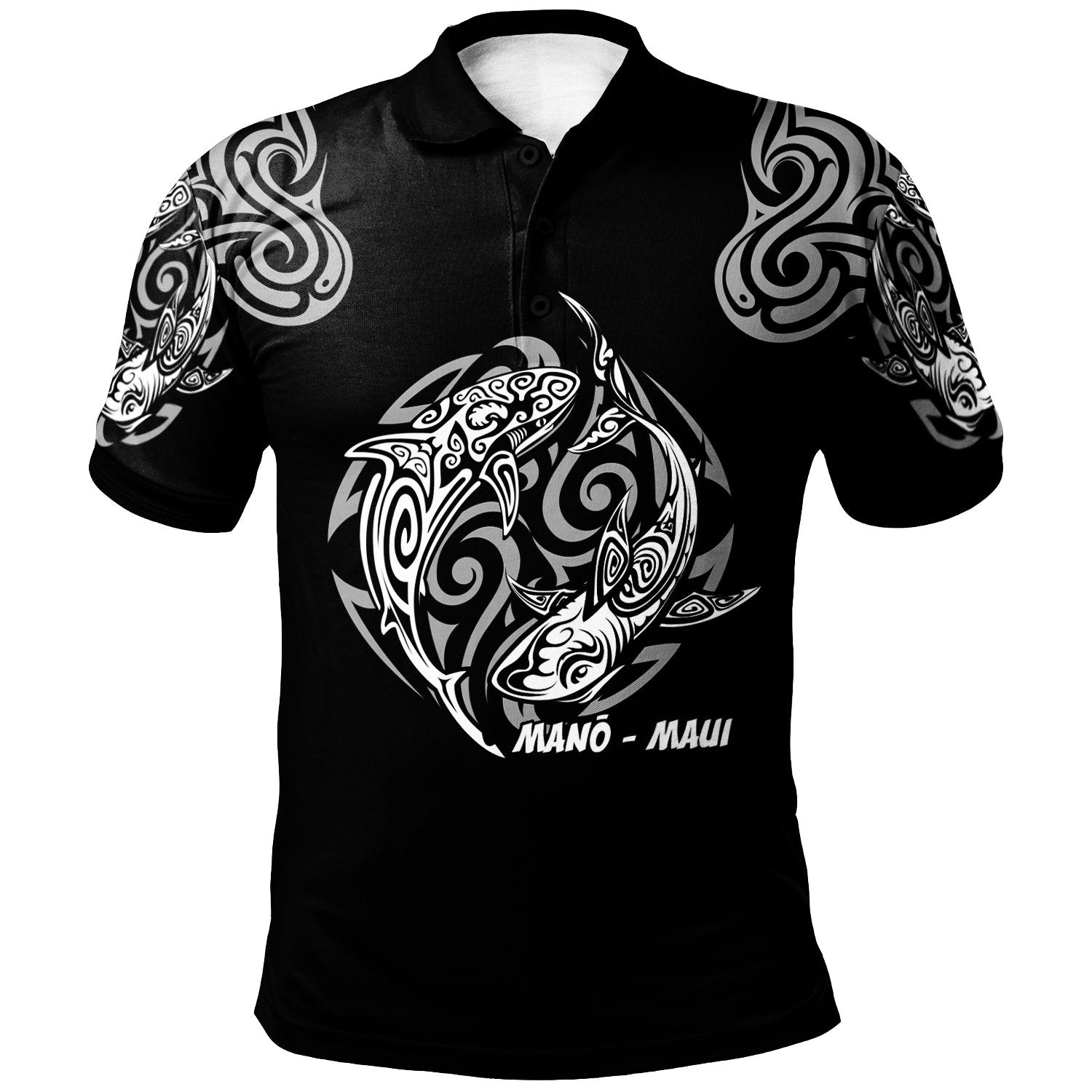 Hawaii Polo Shirt Hawaiian Shark Tattoo Unisex Black - Polynesian Pride