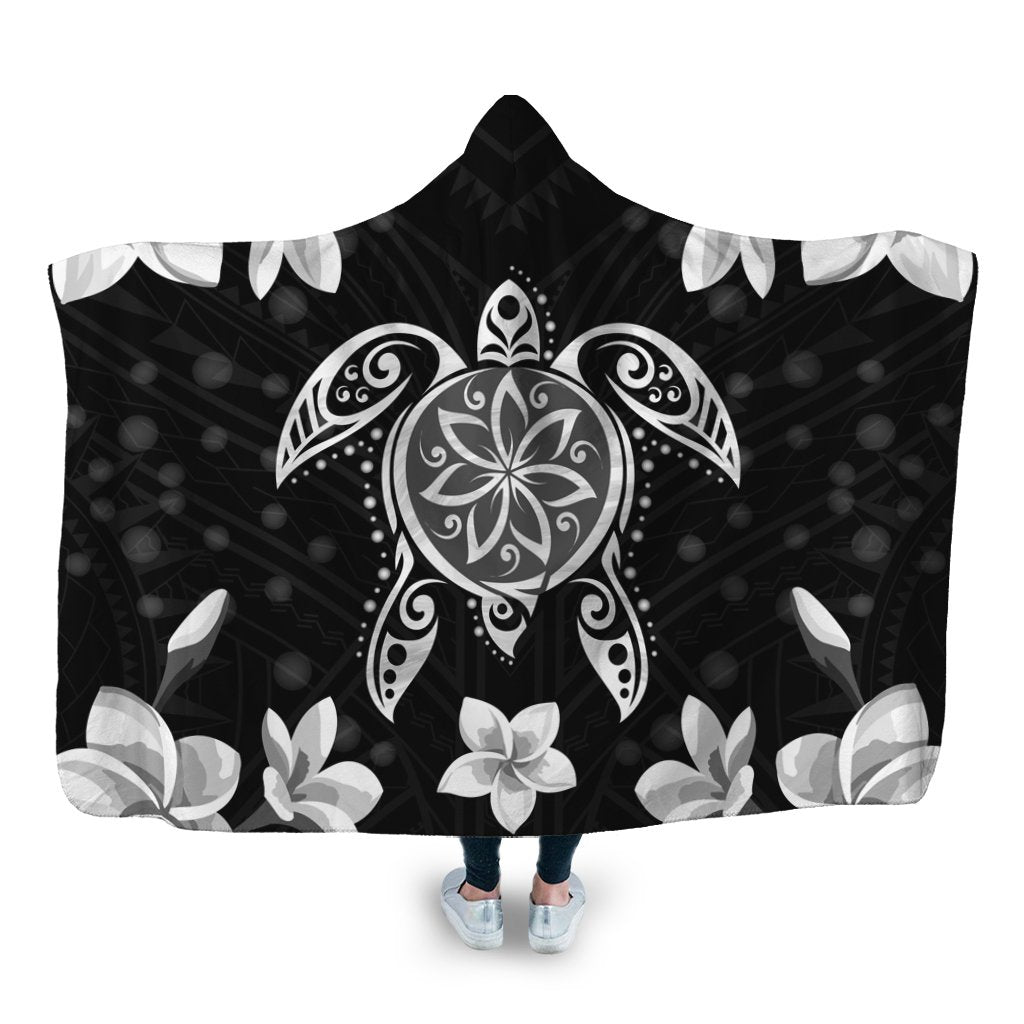 Hawaiian Silver Turtle Plumeria Hooded Blanket AH Hooded Blanket White - Polynesian Pride