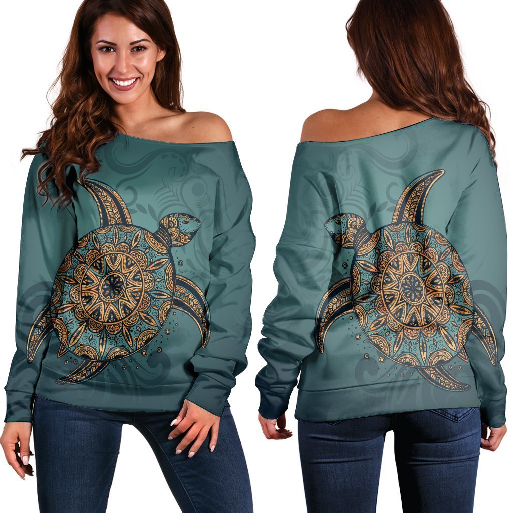 Hawaiian Skillful Turtle Polynesian Women's Off Shoulder Sweater - AH Black - Polynesian Pride