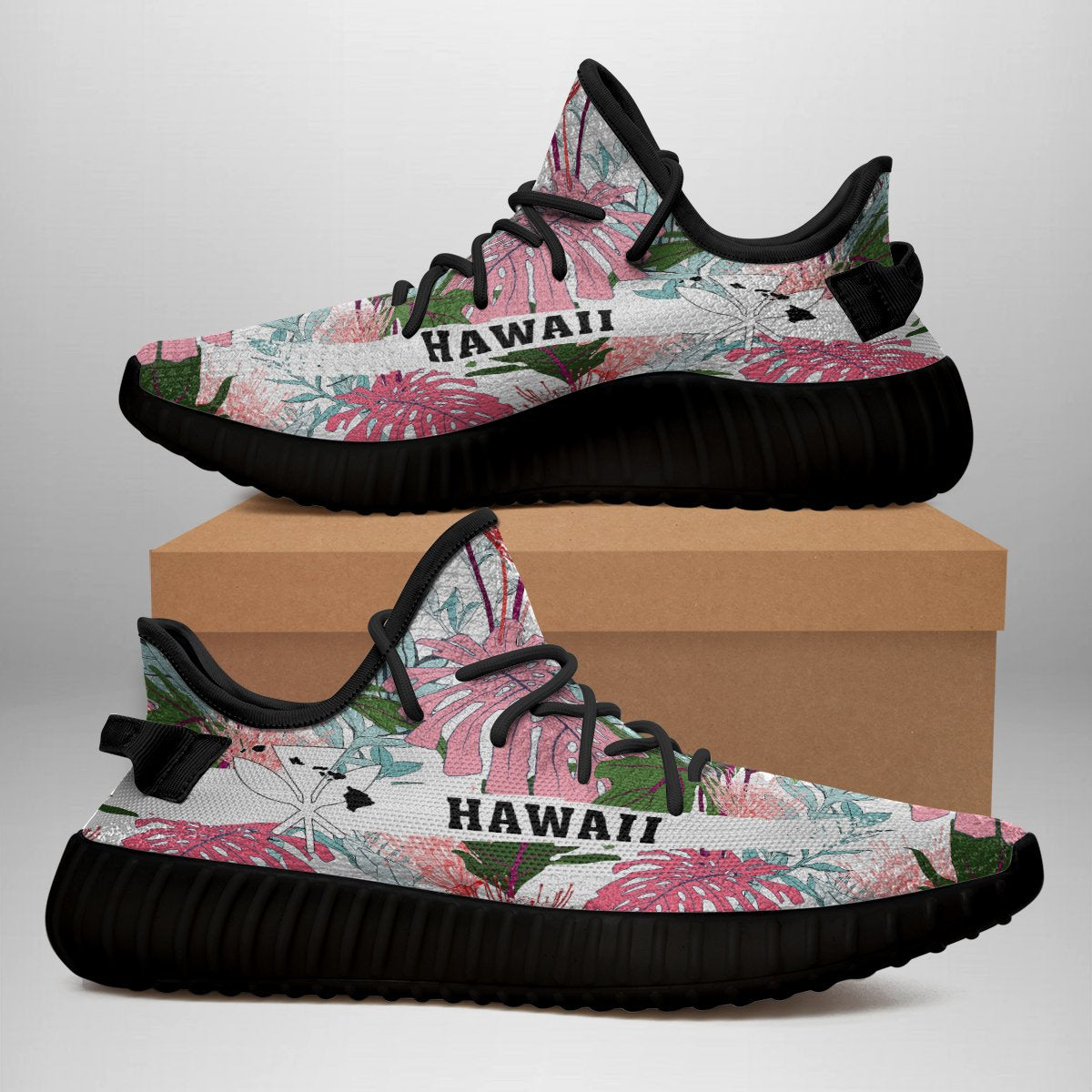 Hawaiian Sneakers YZ Pink Monstera And Green Tropical Leaves White - Polynesian Pride