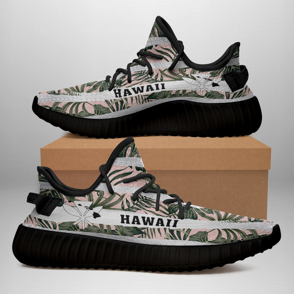 Hawaiian Sneakers YZ Tropical Dark Green Leaves Seamless Pattern White Stripes Pink Background - Polynesian Pride