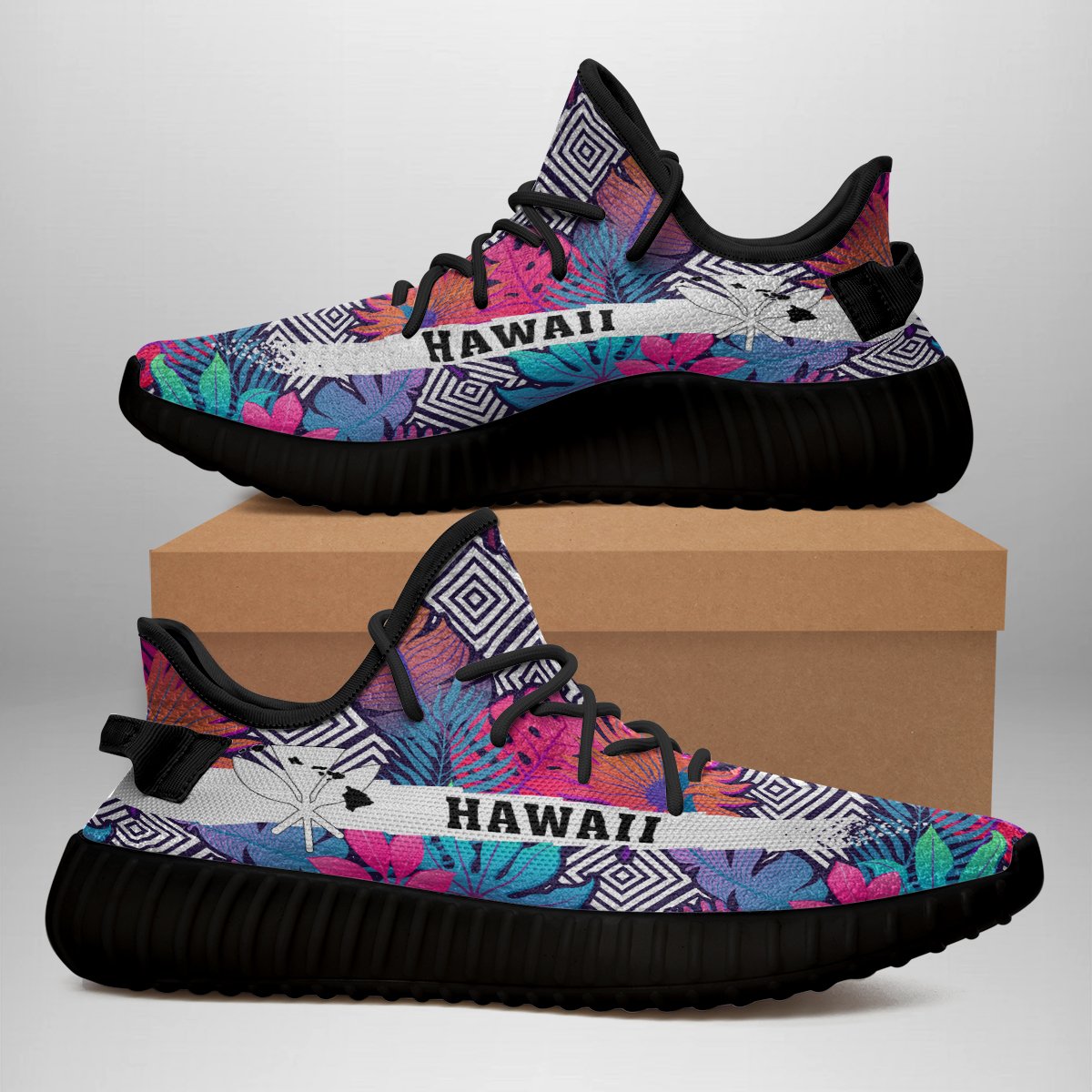 Hawaiian Sneakers YZ Tropical Exotic Leaves And Flowers On Geometrical Ornament - Polynesian Pride