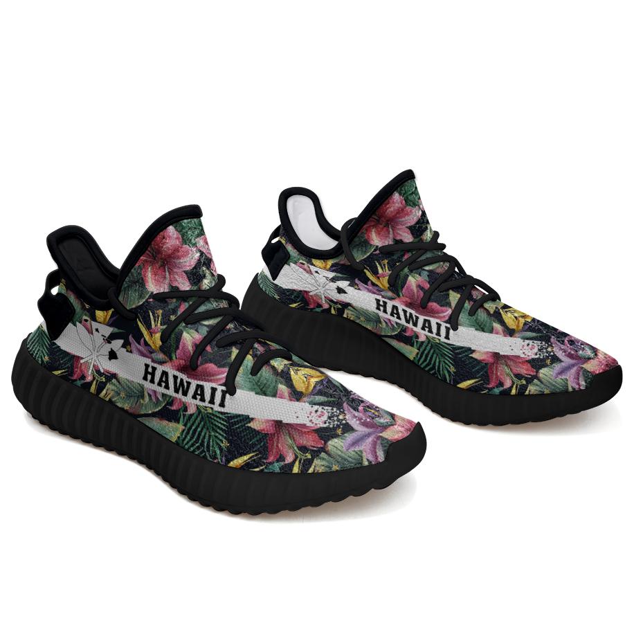 Hawaiian Sneakers YZ Tropical Flowers Palm And Leaves Black - Polynesian Pride