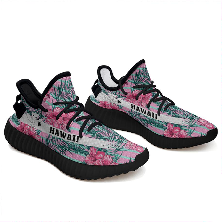 Hawaiian Sneakers YZ Tropical Flowers Palm Leaves Hibiscus Strips Black - Polynesian Pride