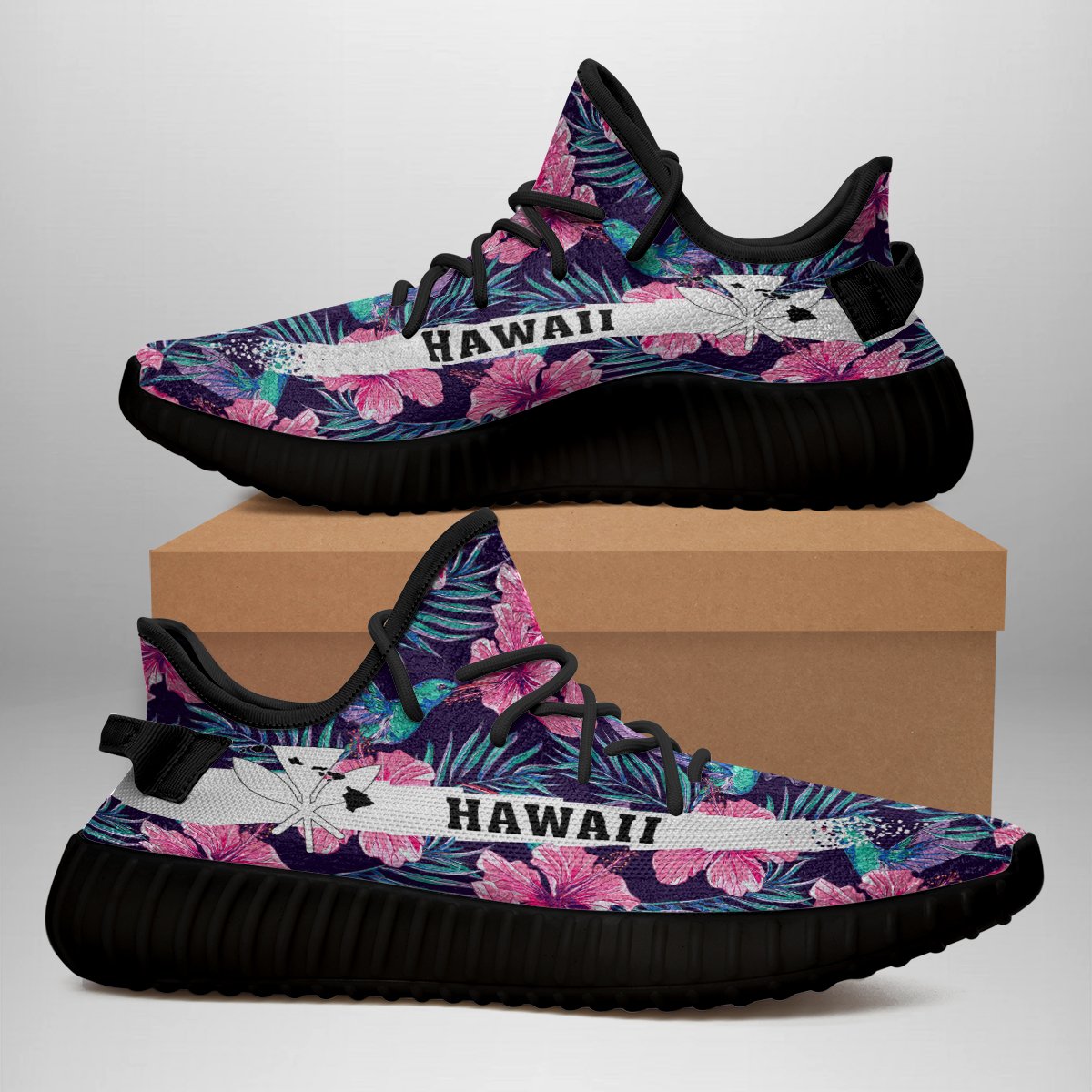 Hawaiian Sneakers YZ Tropical Flowers With Hummingbirds Palm Leaves - Polynesian Pride