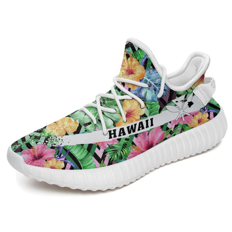 Hawaiian Sneakers YZ Tropical Hibiscus Banana Leafs White - Polynesian Pride