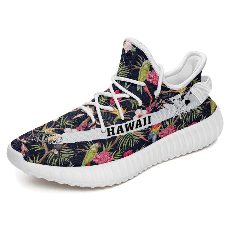 Hawaiian Sneakers YZ Tropical Hibiscus Strelitzia Palm Leaves White - Polynesian Pride