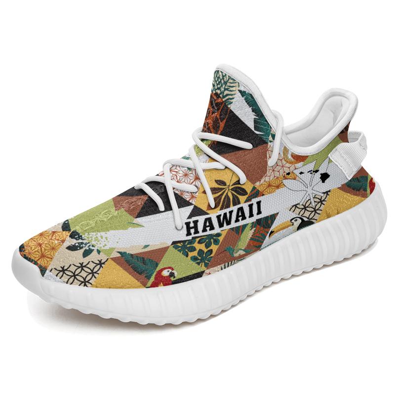 Hawaiian Sneakers YZ Tropical Jungle Parrots And Flamingos Pattern White - Polynesian Pride