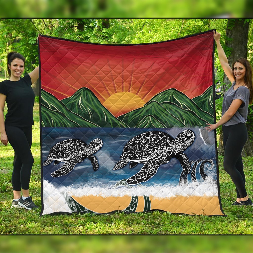 Hawaiian Sunset Ocean Turtle Premium Quilts - AH Black - Polynesian Pride