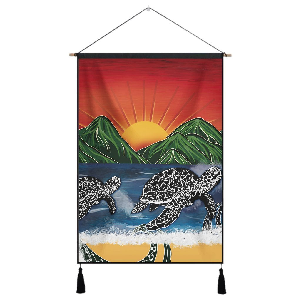 Hawaiian Sunset Ocean Turtle Hanging Poster - AH Hanging Poster Cotton And Linen - Polynesian Pride