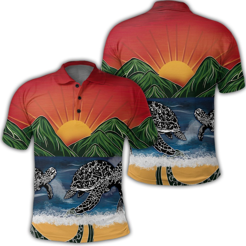 Hawaiian Sunset Ocean Turtle Polo Shirt Unisex Black - Polynesian Pride