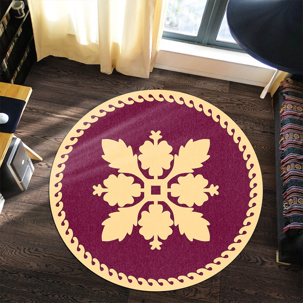 Hawaiian Traditional Hibiscus Flowers Round Rug - Burgundy Beige - AH - Polynesian Pride