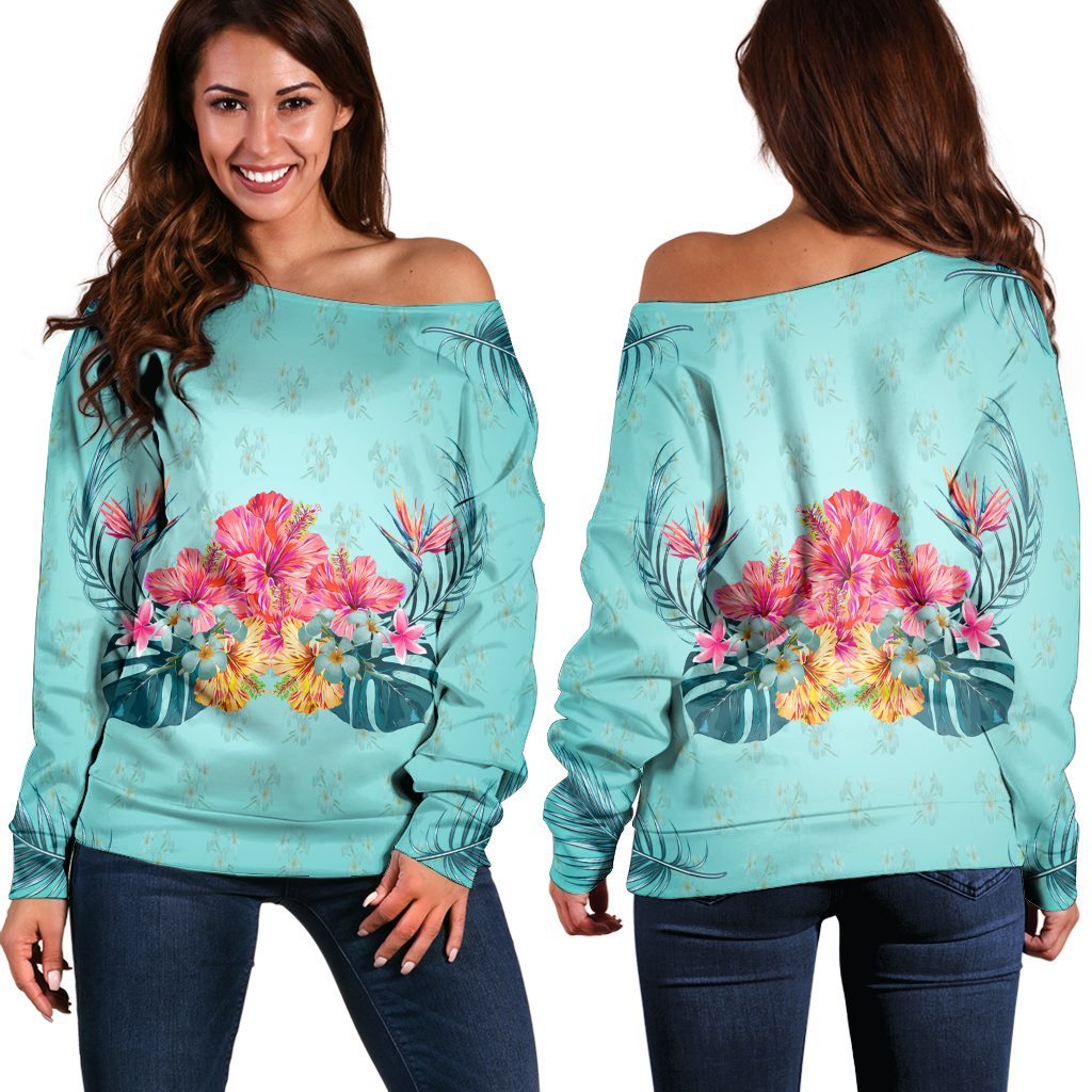 Hawaiian Tropical Strelitzia Hibiscus Plumeria Centre Women's Off Shoulder Sweater - AH Black - Polynesian Pride