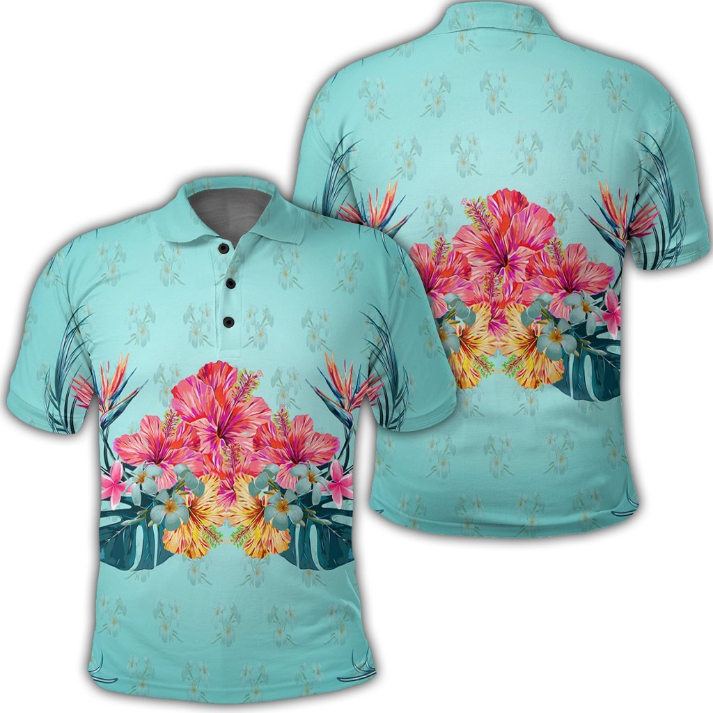 Hawaiian Tropical Strelitzia Hibiscus Plumeria Centre Polo Shirt Unisex Black - Polynesian Pride