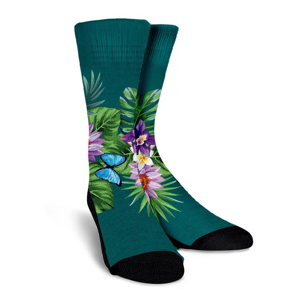 Hawaiian Tropical Strelitzia Plumeria Orchids Hibiscus Polynesian Crew Socks - AH - Polynesian Pride