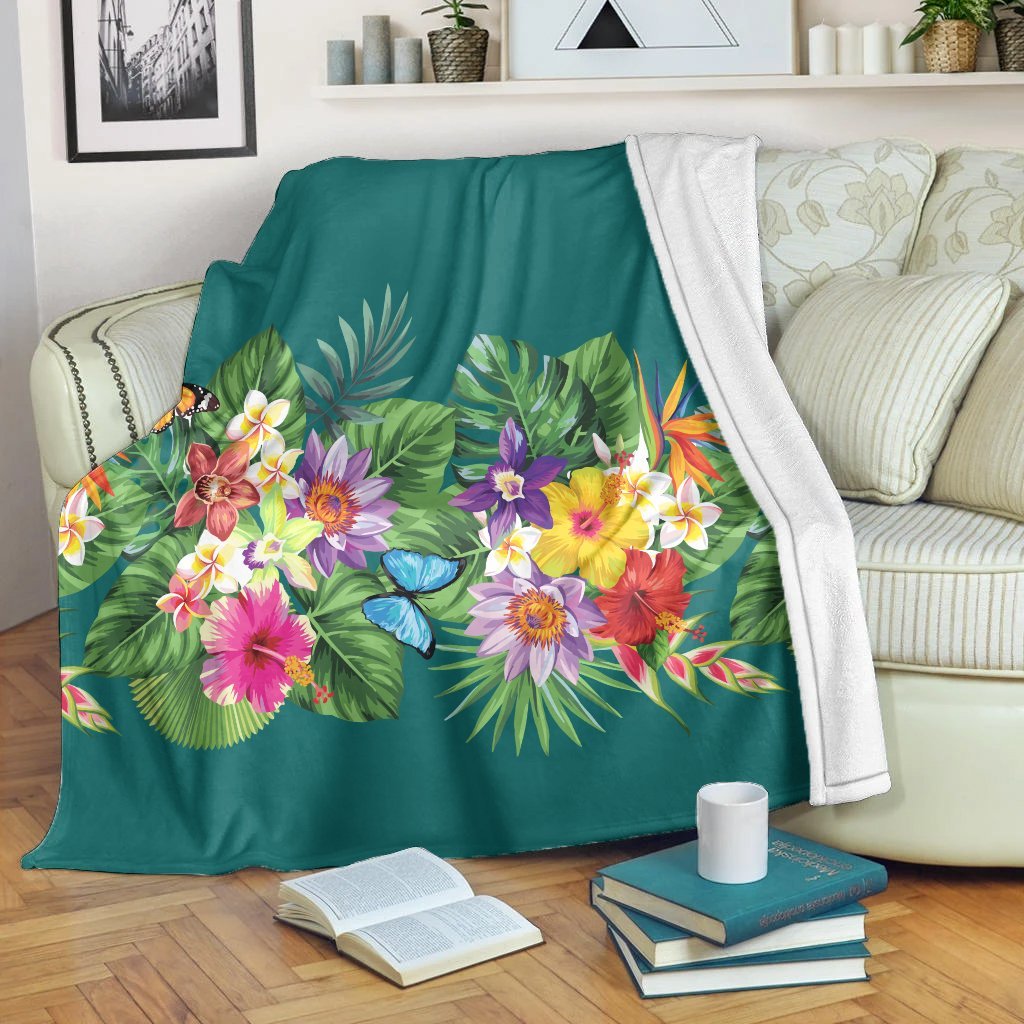 Hawaiian Tropical Strelitzia Plumeria Orchids Hibiscus Polynesian Premium Blankets - AH White - Polynesian Pride