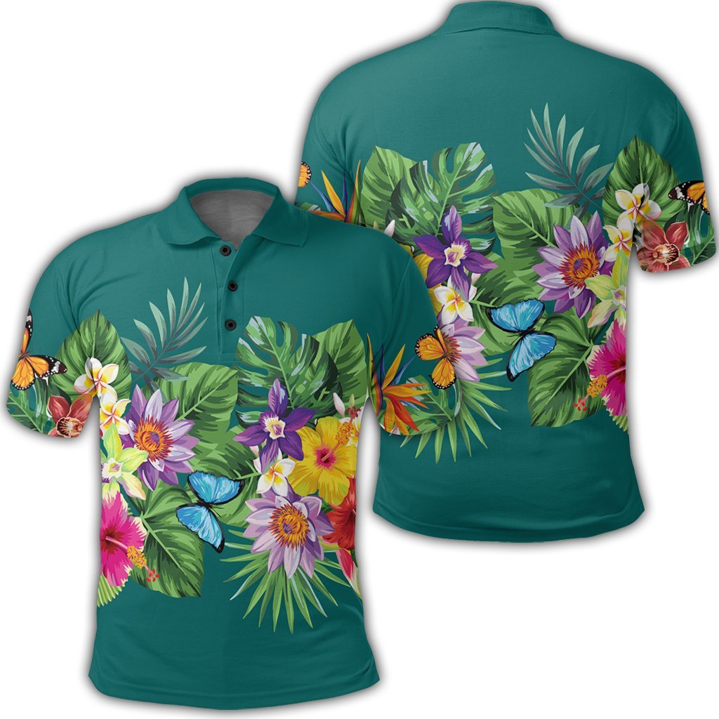 Hawaiian Tropical Strelitzia Plumeria Orchids Hibiscus Polynesian Polo Shirt Unisex Black - Polynesian Pride