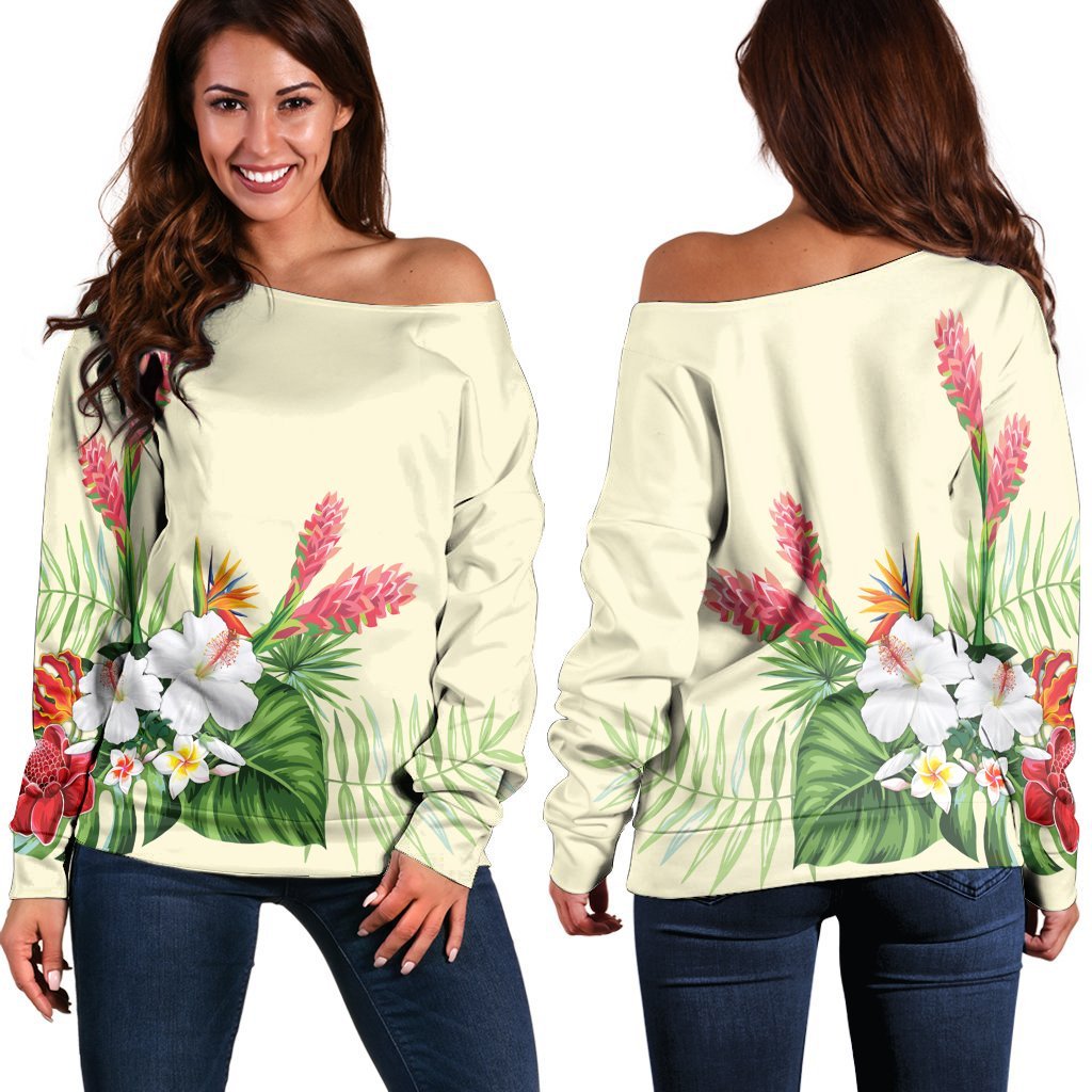 Hawaiian Tropical Wonderful Hibiscus Plumeria Strelitzia Women's Off Shoulder Sweater - AH Black - Polynesian Pride